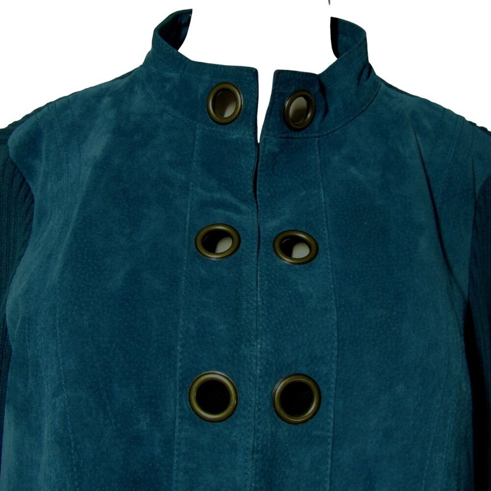 VTG Y2K SUEDE Leather Military Boho Grunge Retro Jacket Teal blue Jacket Large - Picture 2 of 11